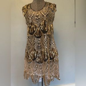 Gold Sequin Sheer Handmade Dress Ladies size One Size